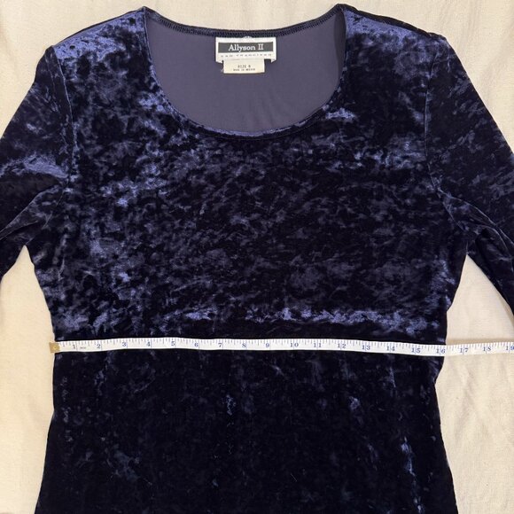 Vintage 90s Long Sleeve Dark Blue Crushed Velvet Empire Waist Dress Size 8 - Picture 12 of 14